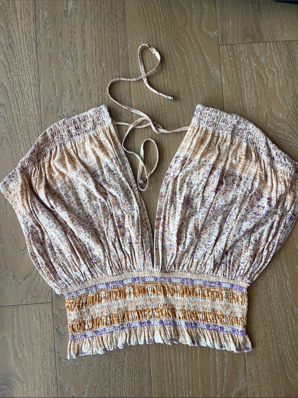 Free People Smocked Waist Floral Peasant Top in Cream and Lavender